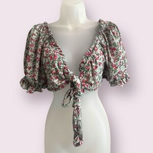NWOT Floral Front Tie Crop Top - Green & Red Casual Style, Size L